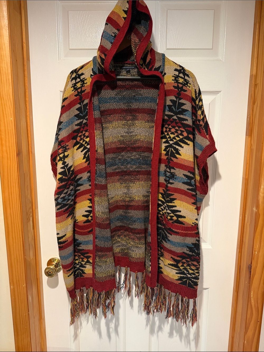 American Eagle- Hooded Southwestern Fringe Throw in Red, Mustard, Blue